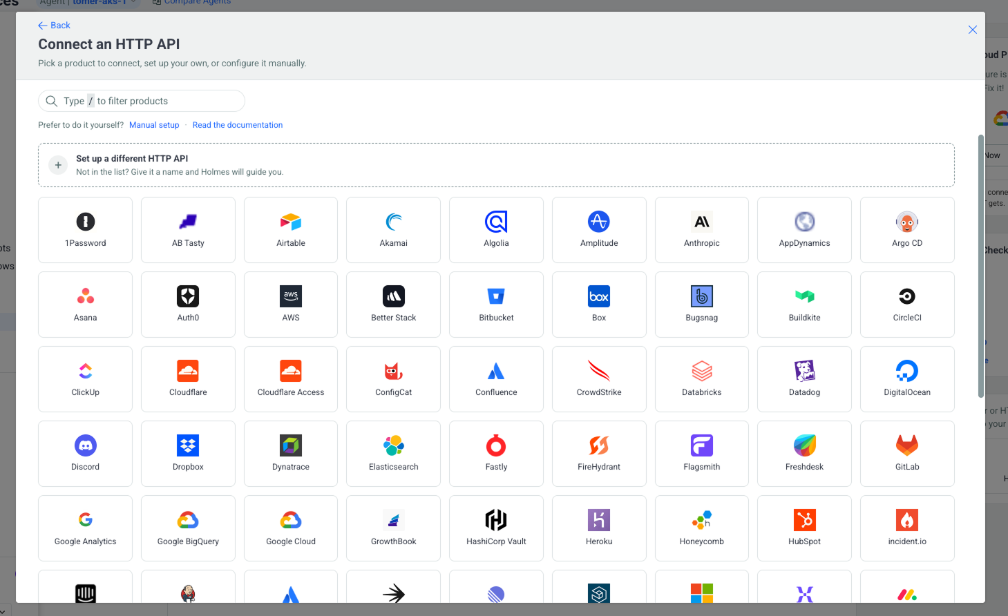 Holmes connector picker: connect any HTTP API, with hundreds of products and a 'set up a different HTTP API' option
